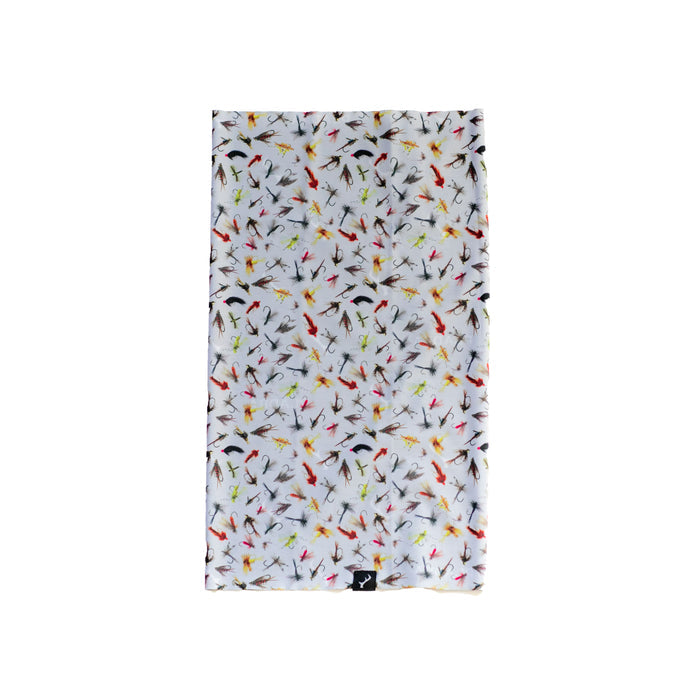 Pladra Neck Gaiter- Flies Print: white, rectangle, fly pattern, moisture wicking and cooling technology.