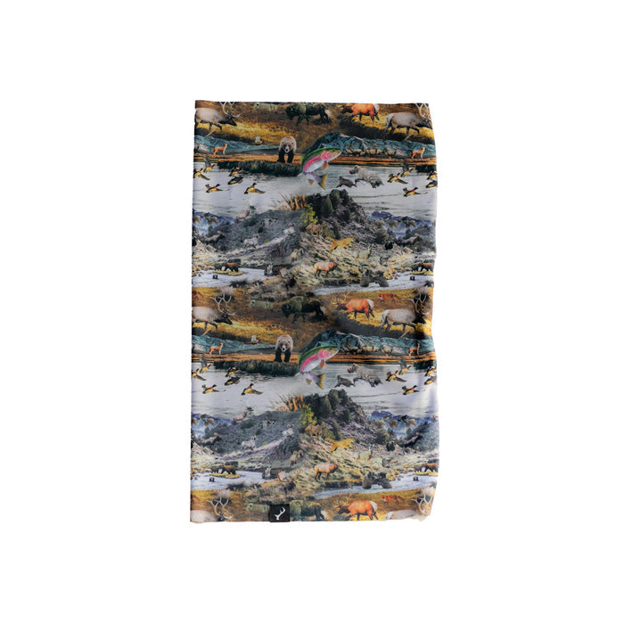 The Neck Gaiter- River Landscape Print features repeated bears, moose, ducks, and fish in vibrant mountain and river scenes. Stylish and versatile, this rectangular moisture-wicking face mask adds flair to any outdoor outfit.