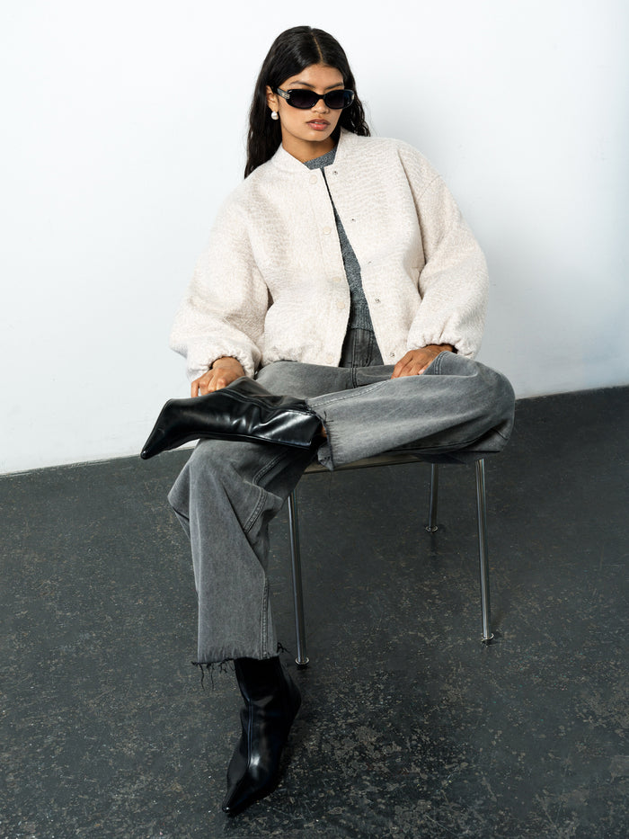 Nellie Oatmeal Textured Bomber Jacket