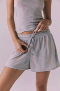 Chaser Neon Bolt Stitches Short in Heather Grey shown in a front close up with colorful lightning embroidery and a soft ribbed texture