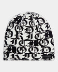 Black and white patterned beanie on a white background