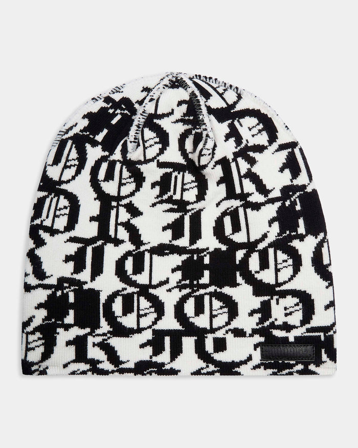 Black and white patterned beanie on a white background