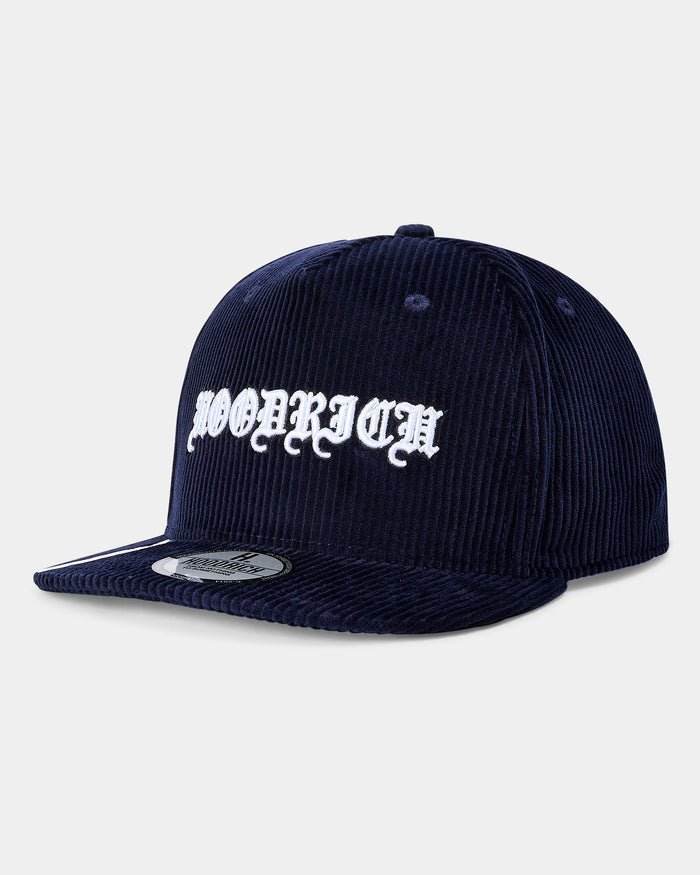 Navy blue cap with white text on a light gray background