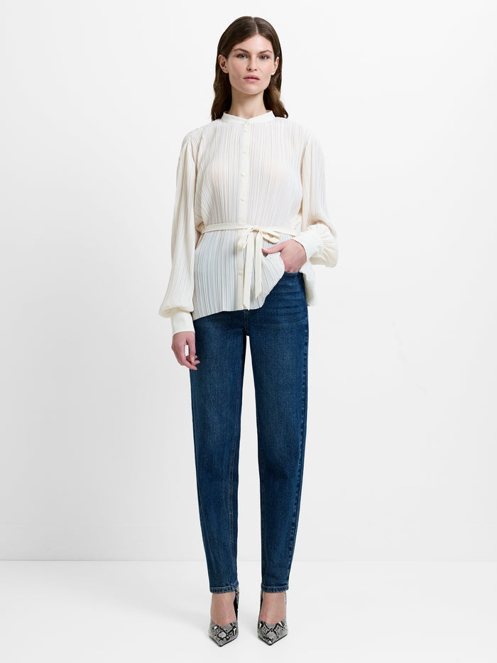 Noelle Plisse Military Tie Up Cream Blouse