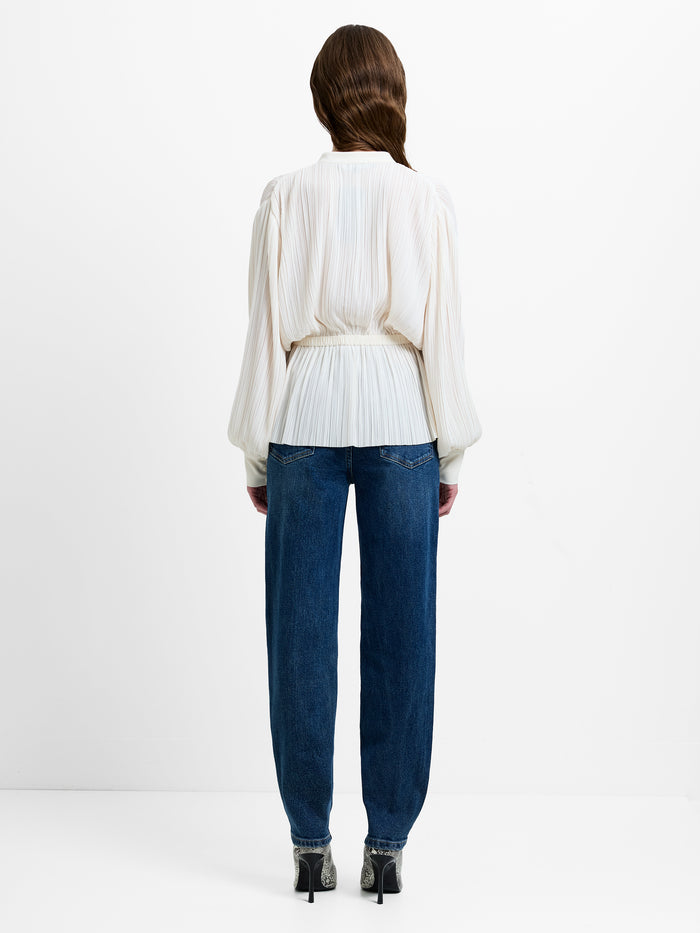 Noelle Plisse Military Tie Up Cream Blouse