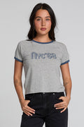 Front view of a woman wearing the Chaser NYC 68 Ringer Graphic Tee on a neutral background