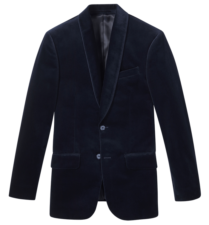 Ocean velvet shawl-lapel tuxedo jacket laid flat, front view, on light grey background