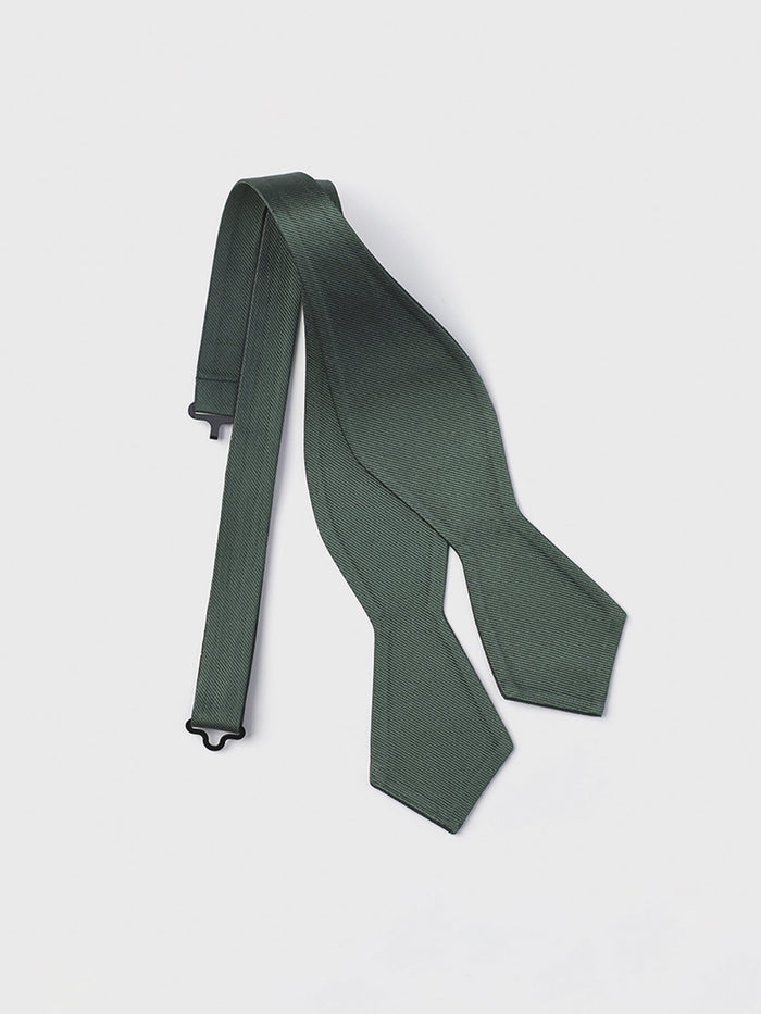 Olive silk self-tie bow tie, textured twill, laid flat on white background