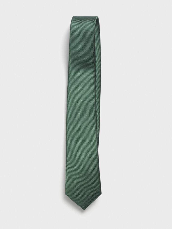 Olive silk necktie with a twill texture, draped on a white background