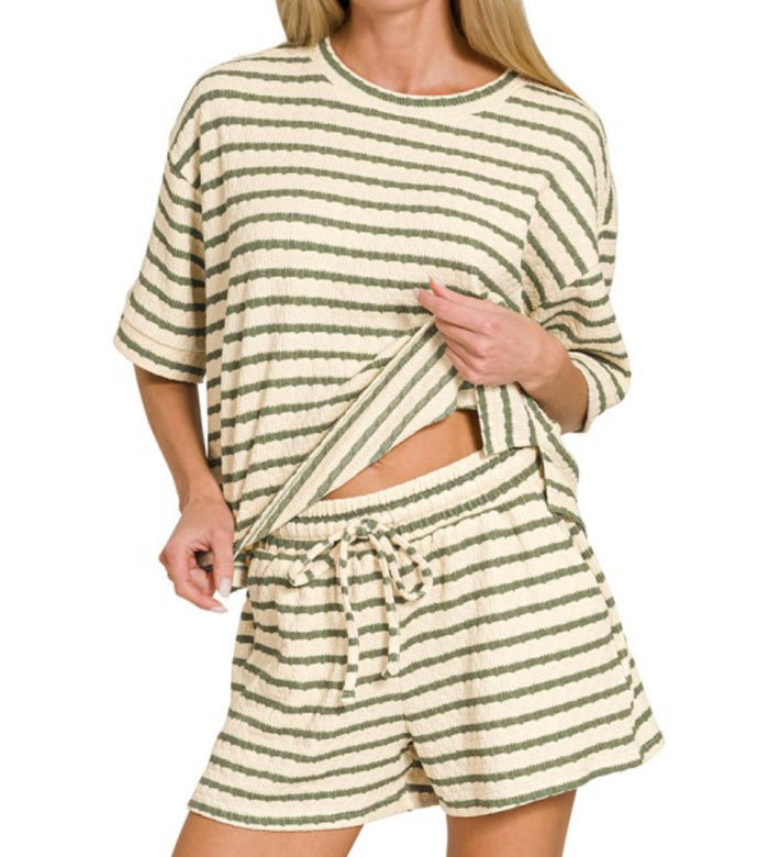 Olive striped tee and short set