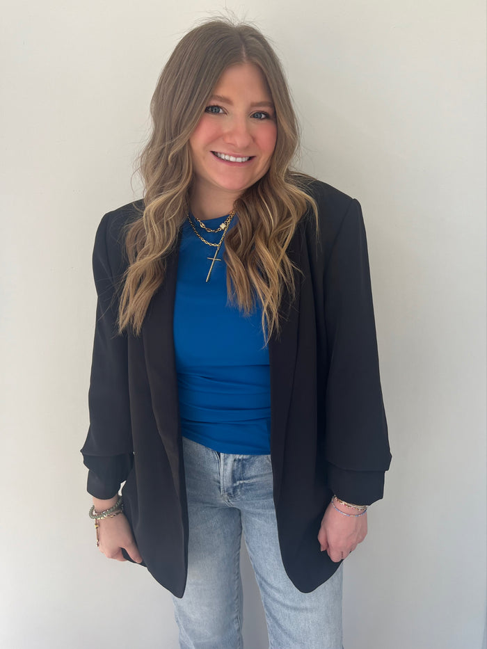 Open front black classic blazer 3/4 sleeve
