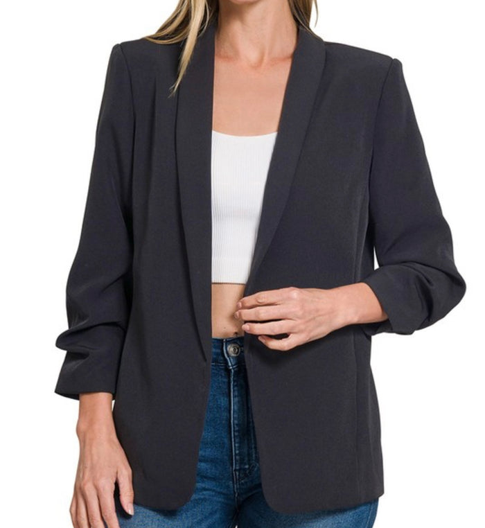 Open front black classic blazer 3/4 sleeve
