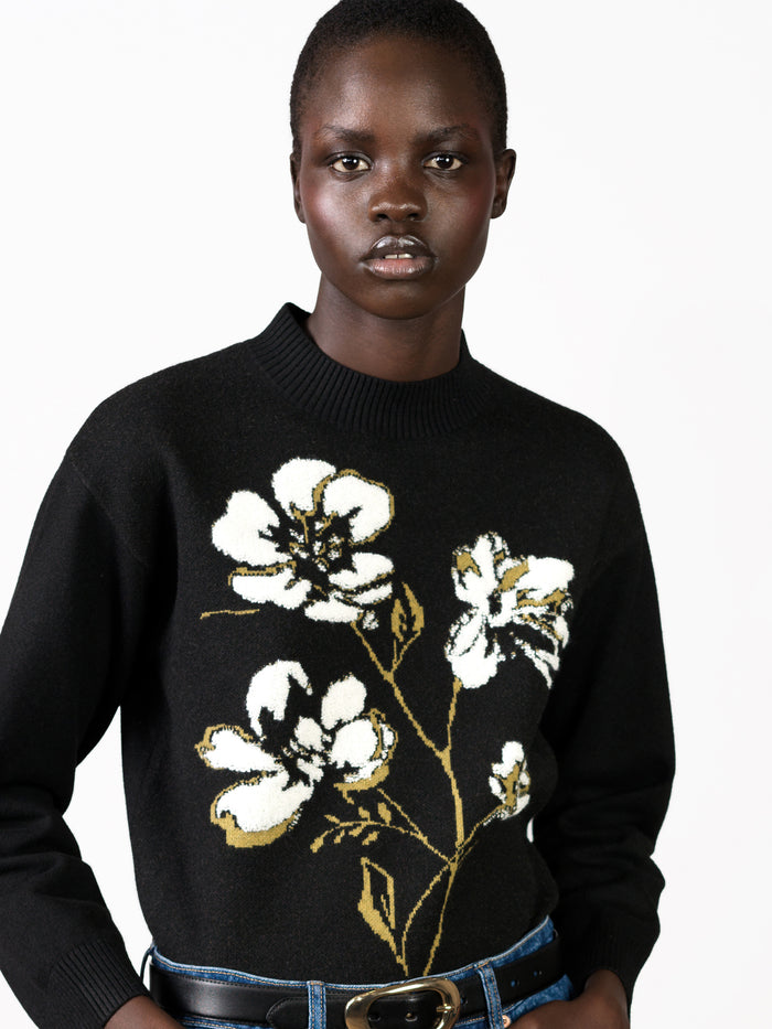 Oriana Recycled Black Floral Jacquard Mock Neck Jumper