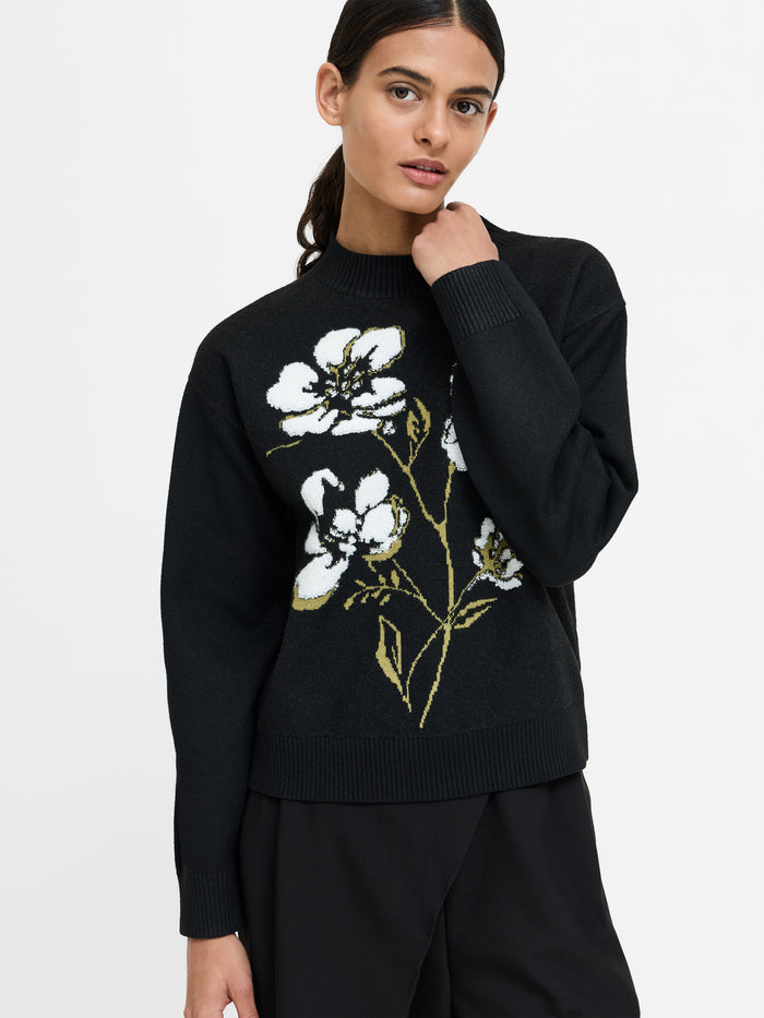 Oriana Recycled Black Floral Jacquard Mock Neck Jumper