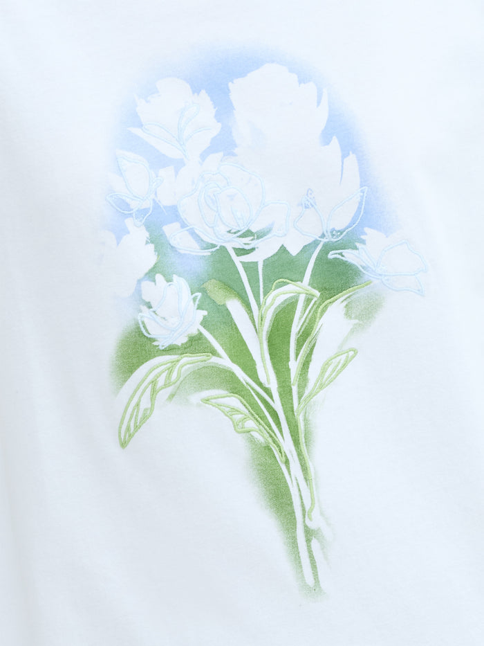Painted Floral Embroidered White Cotton T-Shirt