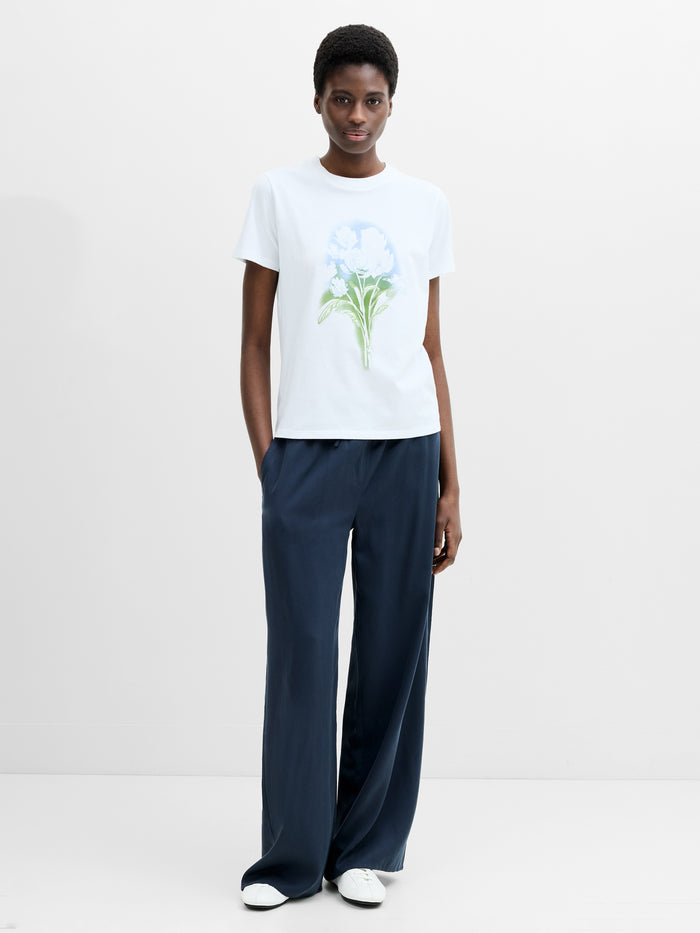 Painted Floral Embroidered White Cotton T-Shirt