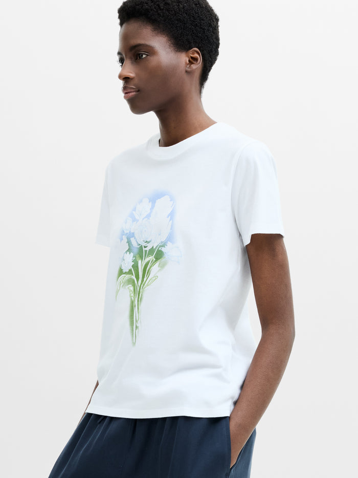 Painted Floral Embroidered White Cotton T-Shirt