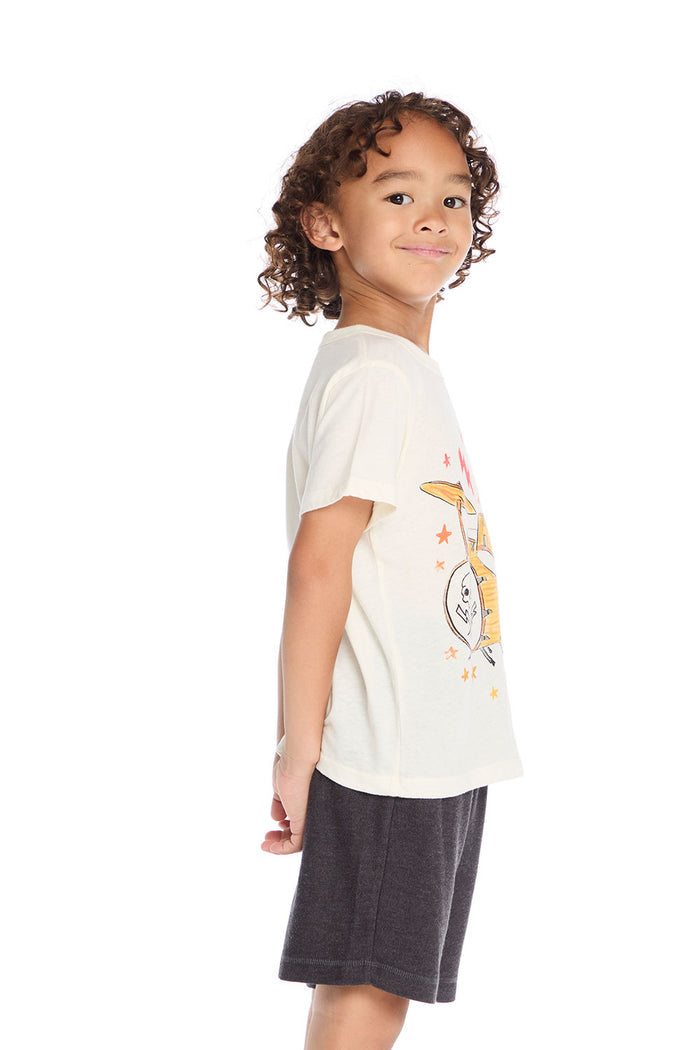 Side view of the Chaser Kids Painterly Drum Set Tee showing the short sleeve fit and partial drum set design wrapping the side