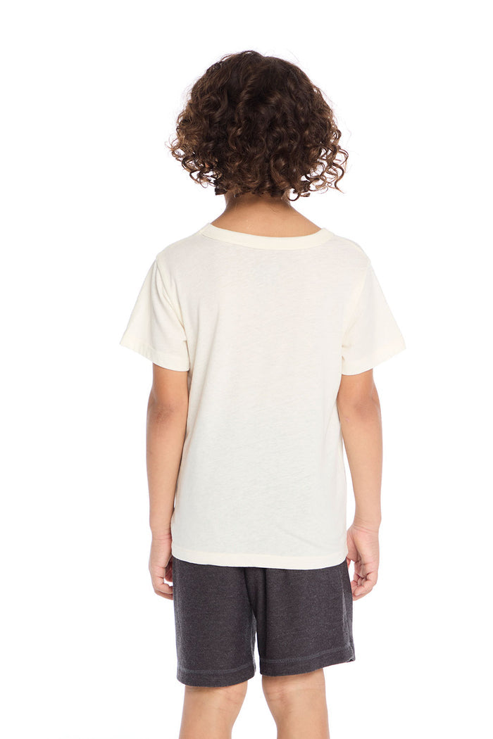 Back view of the Chaser Kids Painterly Drum Set Tee displaying the solid back and relaxed silhouette