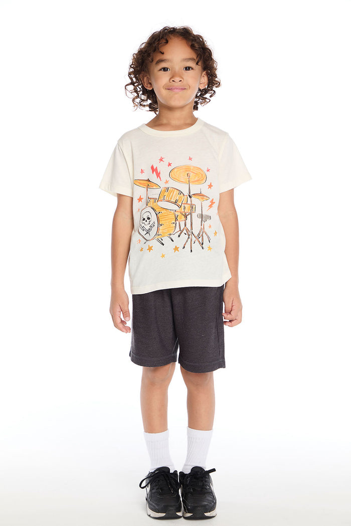 Full body view of the Chaser Kids Painterly Drum Set Tee shown with the Vintage Black Cozy Knit Cozy Beach Short on a white background