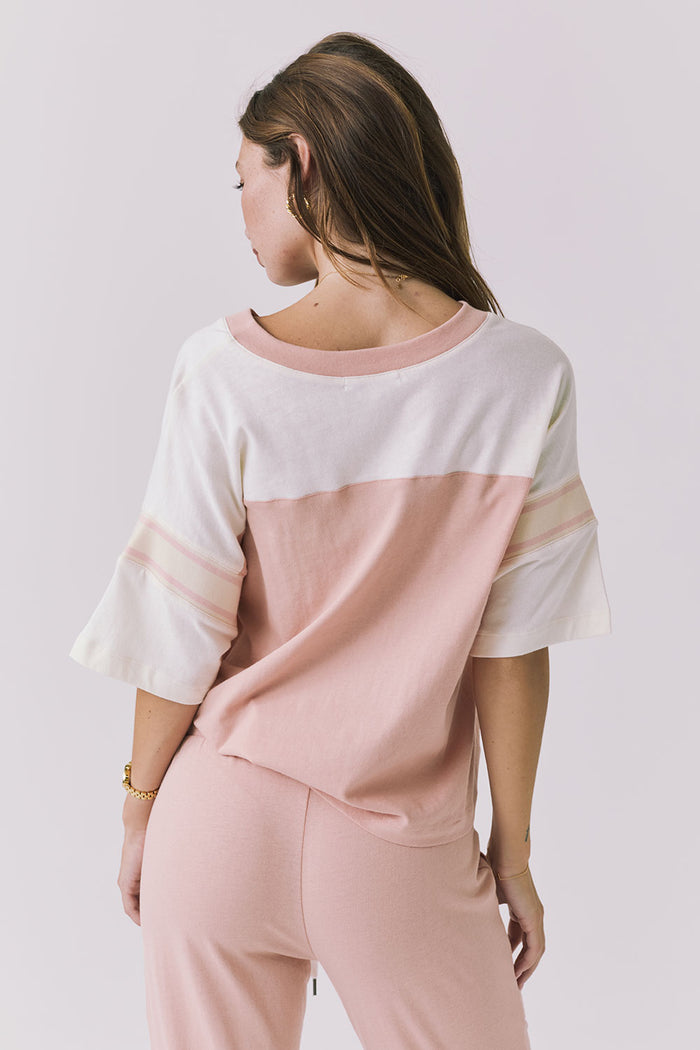 Chaser Palmer Tee in Starry White and Delicate Honey shown straight back view featuring the clean colorblock design and soft structured neckline