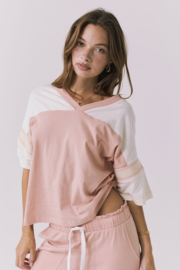 Chaser Palmer Tee in Starry White and Delicate Honey shown angled front view with subtle volume through the sleeve and laid back silhouette