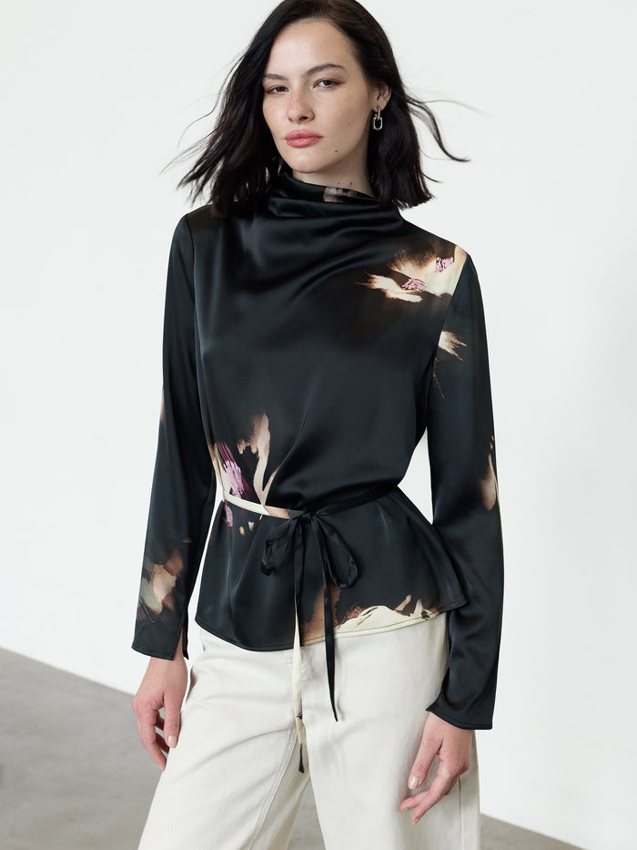 Paloma Black Floral Satin Tie Waist Top