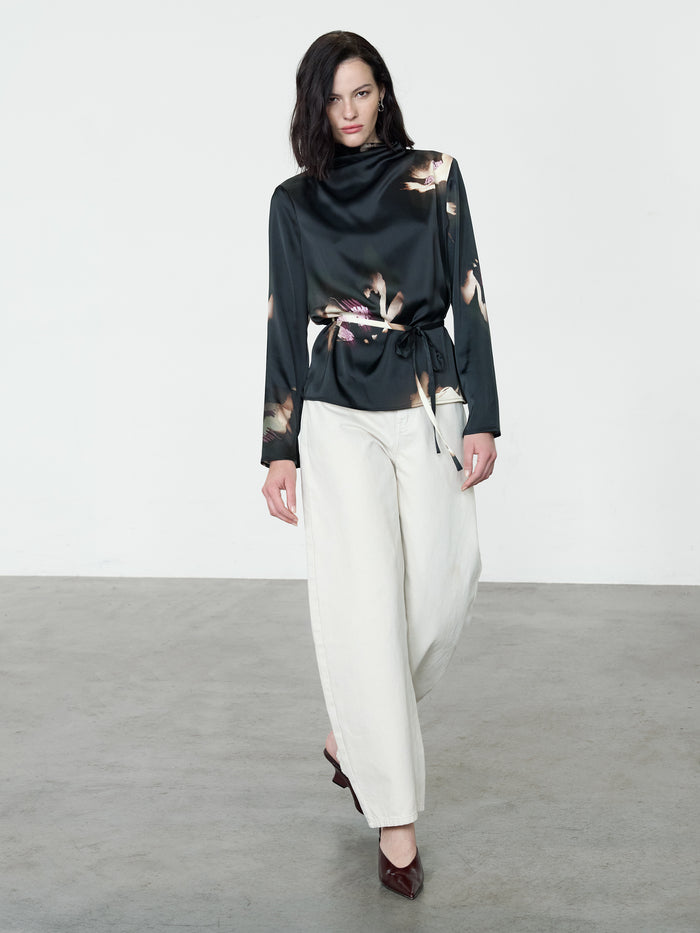 Paloma Black Floral Satin Tie Waist Top