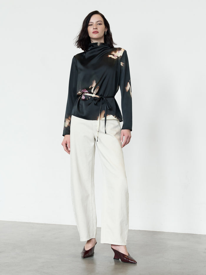 Paloma Black Floral Satin Tie Waist Top