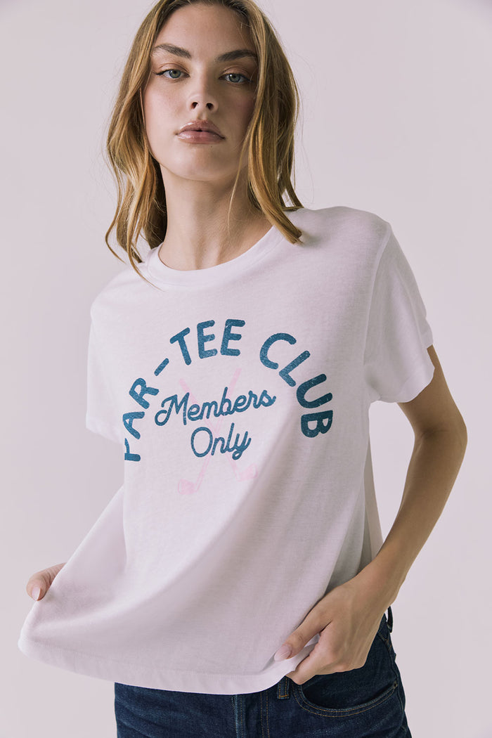 Close-up front view of the Chaser Par-tee Club Tee highlighting the distressed graphic print and soft fabric texture
