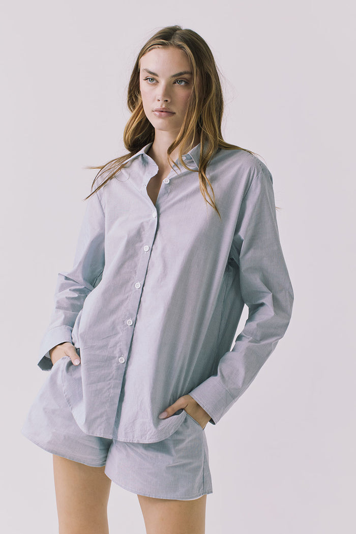 Chaser Paso Pinstripe Button Up in Navy front view styled loose with effortless oversized silhouette