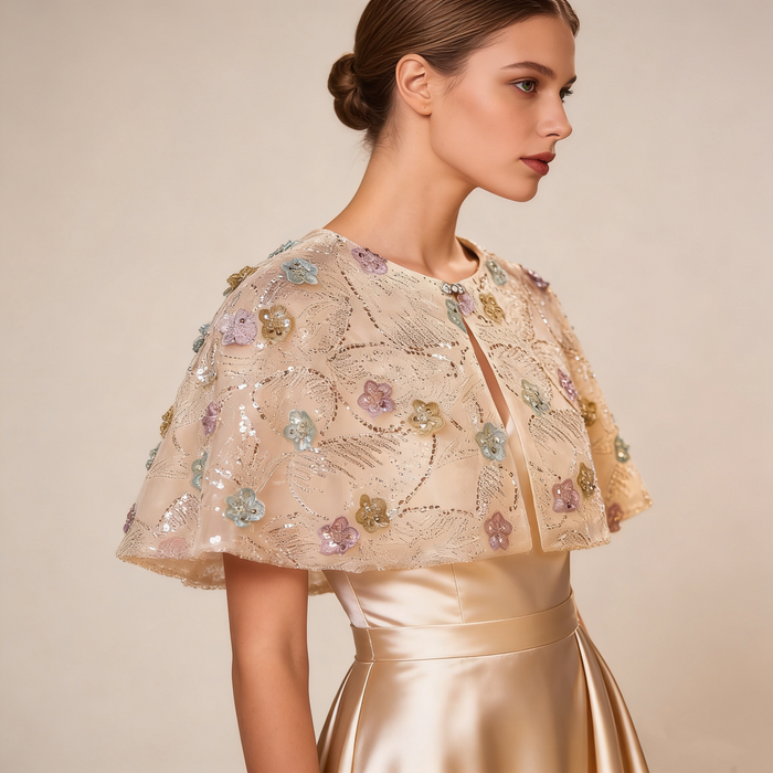 Handmade pastel floral bridal cape with delicate bead embroidery and sequins.