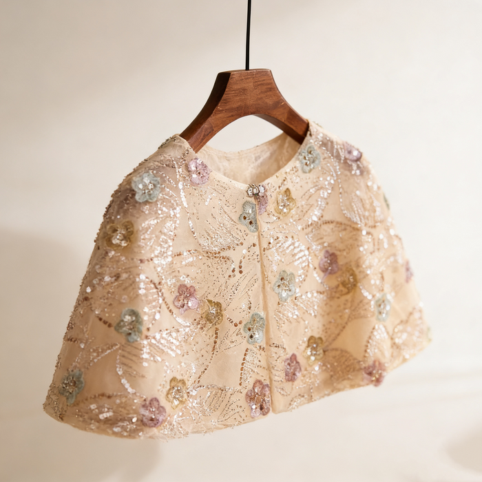 Handmade pastel floral bridal cape with delicate bead embroidery and sequins.