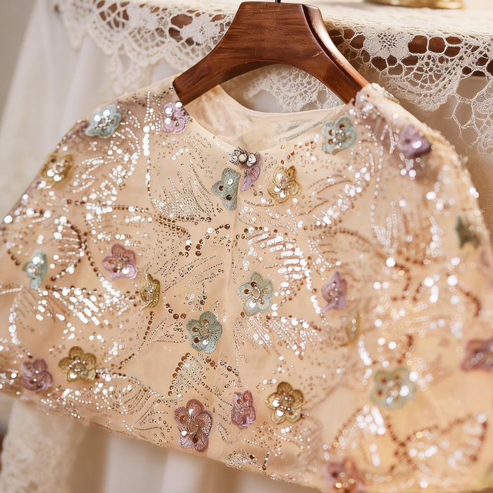 Handmade pastel floral bridal cape with delicate bead embroidery and sequins.