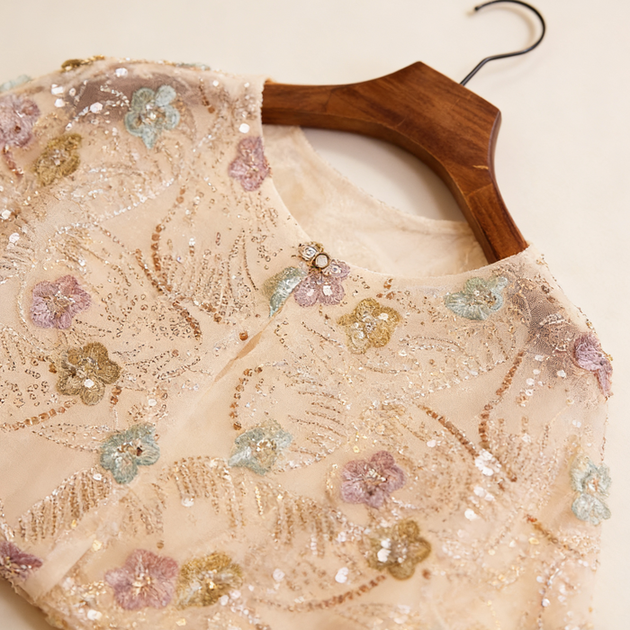 Luxury bridal cape featuring pastel flowers, shimmering sequins and soft tulle.
