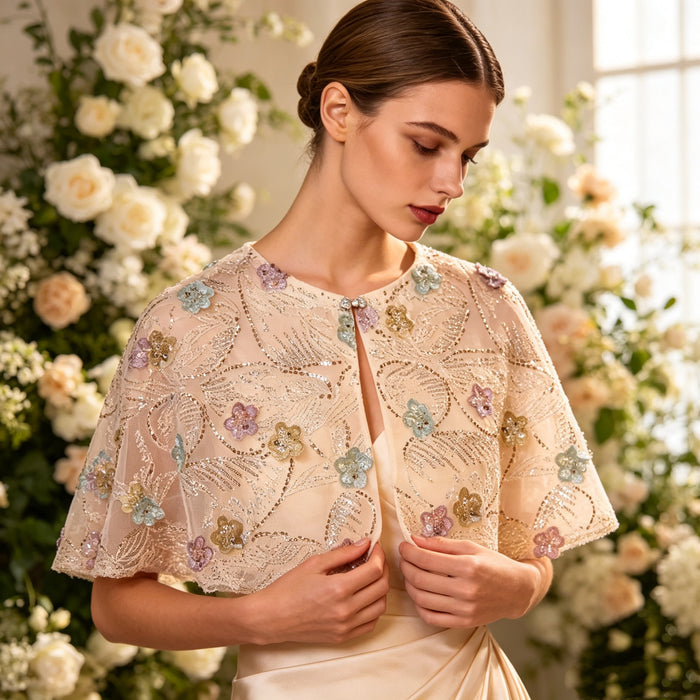 Luxury bridal cape featuring pastel flowers, shimmering sequins and soft tulle.