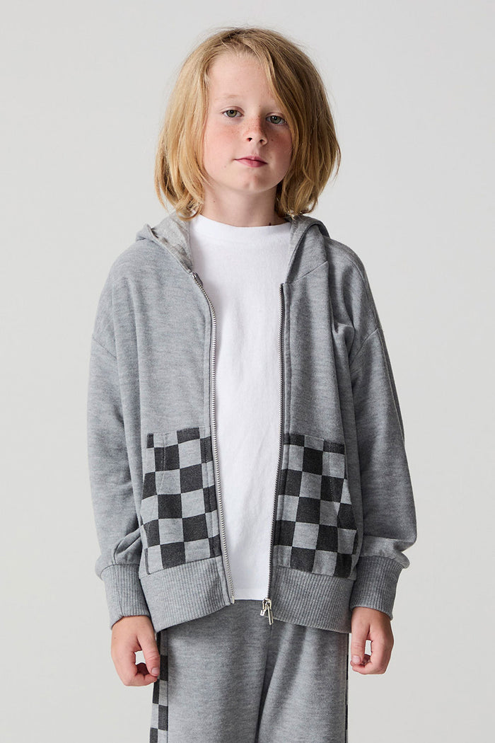 Front view of a boy wearing the Chaser Paxton Heather Grey Zip Up Hoodie on a neutral background