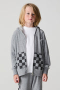 Front view of a boy wearing the Chaser Paxton Heather Grey Zip Up Hoodie on a neutral background
