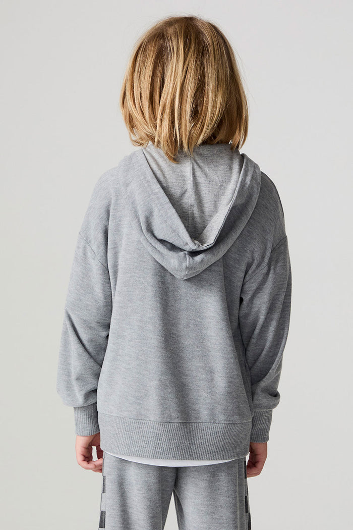 Back view of a boy wearing the Chaser Paxton Heather Grey Zip Up Hoodie on a neutral background