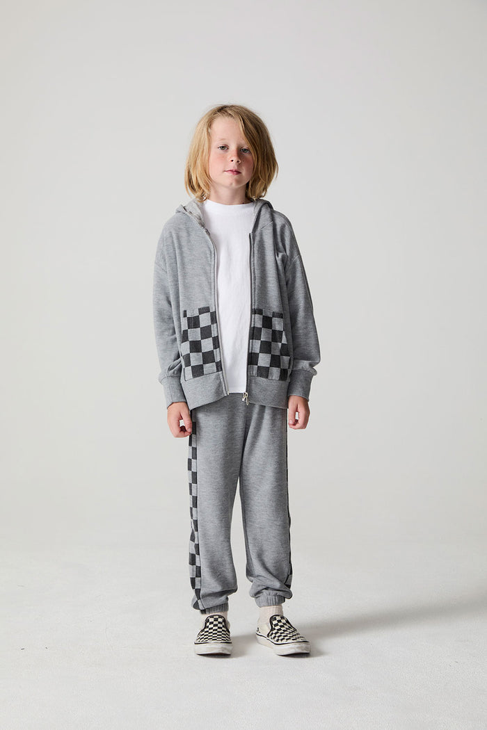Full body front view of a boy wearing the Chaser Paxton Heather Grey Zip Up Hoodie on a neutral background