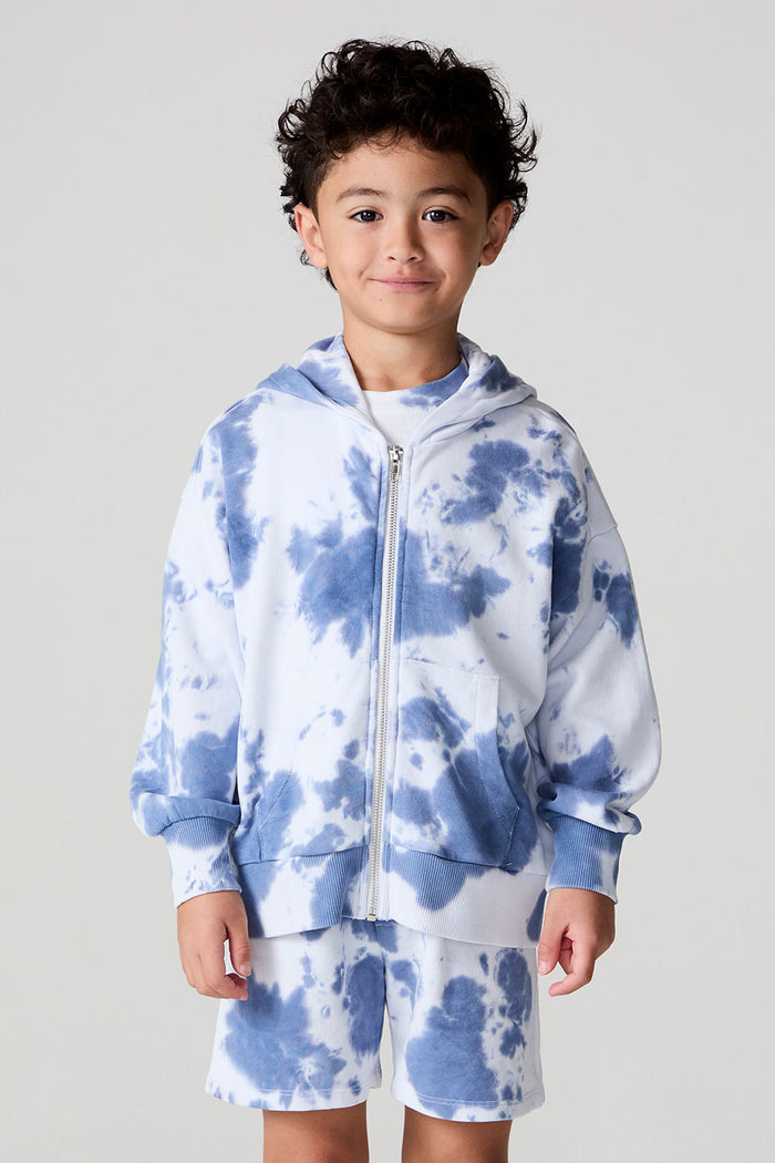 Front view of a boy wearing the Chaser Paxton Mistel Tie Dye Zip Up Hoodie on a neutral background