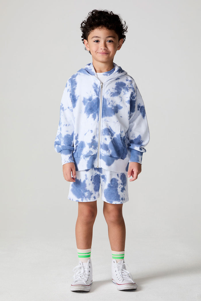 Full body front view of a boy wearing the Chaser Paxton Mistel Tie Dye Zip Up Hoodie on a neutral background