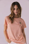 Front view of the Chaser Peace + Love Embroidery Tee in Poppy Stripe showing the crew neckline and embroidered chest detail