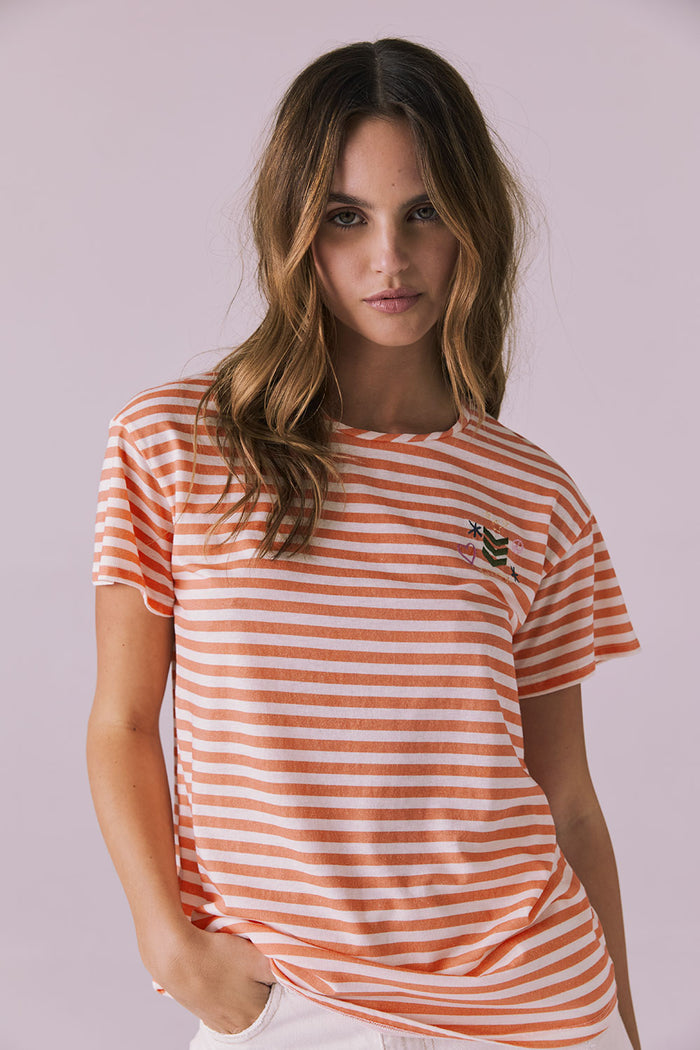 Front view of the Chaser Peace + Love Embroidery Tee in Poppy Stripe showing the crew neckline and embroidered chest detail