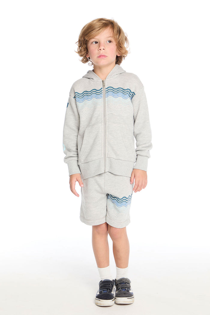Boy wearing Chaser Kids Peace Out Zip Up Hoodie paired with matching Peace Out Shorts, full body view on a white background