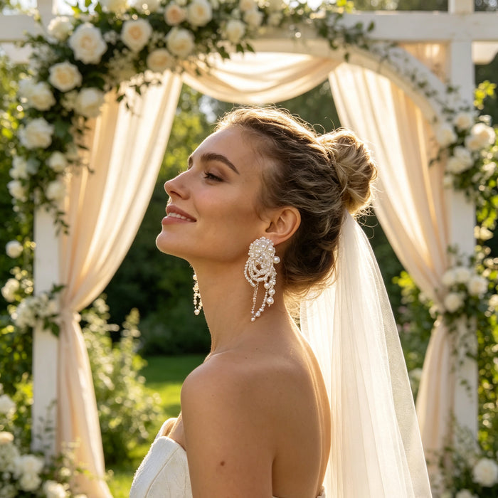 Luxury statement bridal earrings with bead embroidery, freshwater pearls, crystal tassels and romantic couture wedding styling.