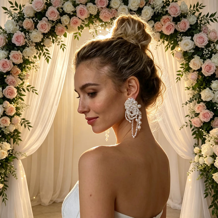 Luxury statement bridal earrings with bead embroidery, freshwater pearls, crystal tassels and romantic couture wedding styling.