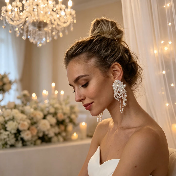Luxury statement bridal earrings with bead embroidery, freshwater pearls, crystal tassels and romantic couture wedding styling.