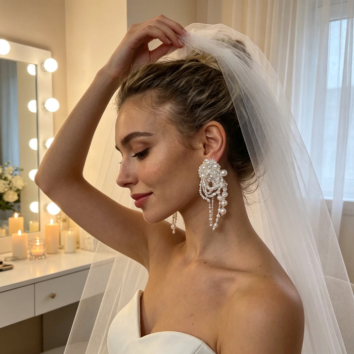 Luxury statement bridal earrings with bead embroidery, freshwater pearls, crystal tassels and romantic couture wedding styling.
