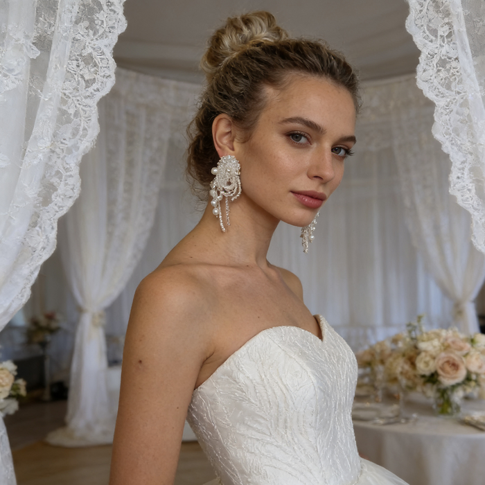 Handcrafted pearl beaded bridal earrings featuring natural freshwater pearls, white crystals and elegant tassel details for luxury weddings.